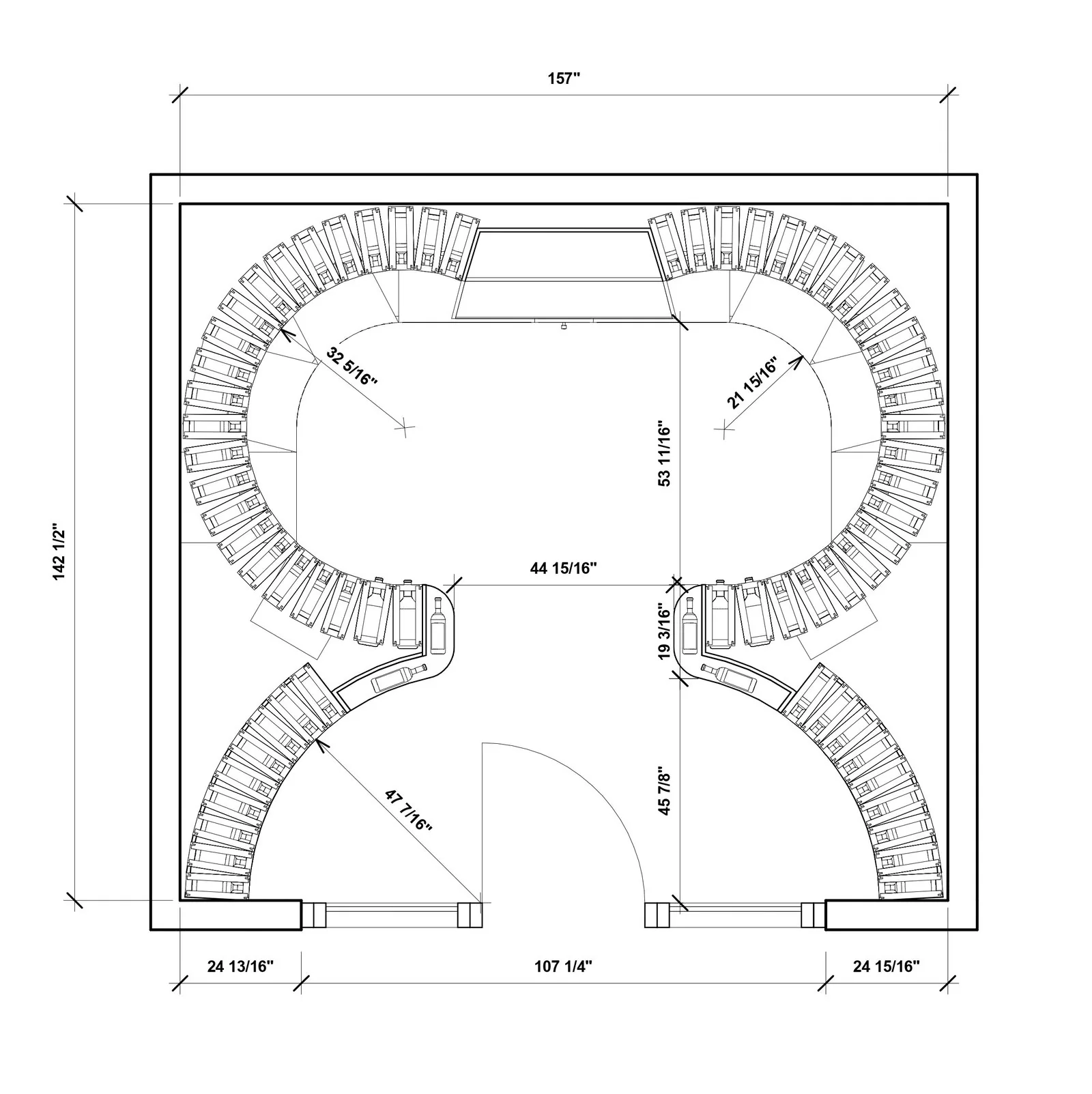 Precise 2D CAD plan of the curved cellar with exact measurements