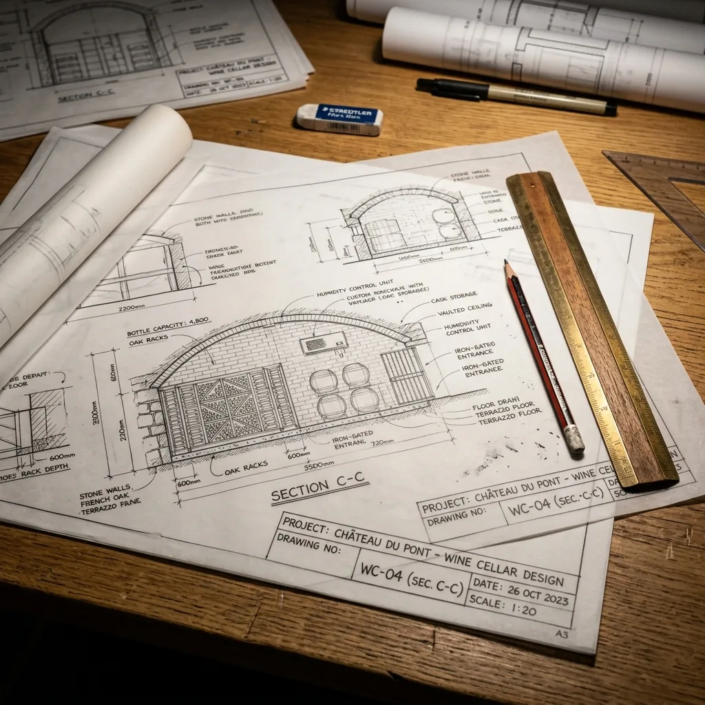 Hand-drafted wine cellar design sketches